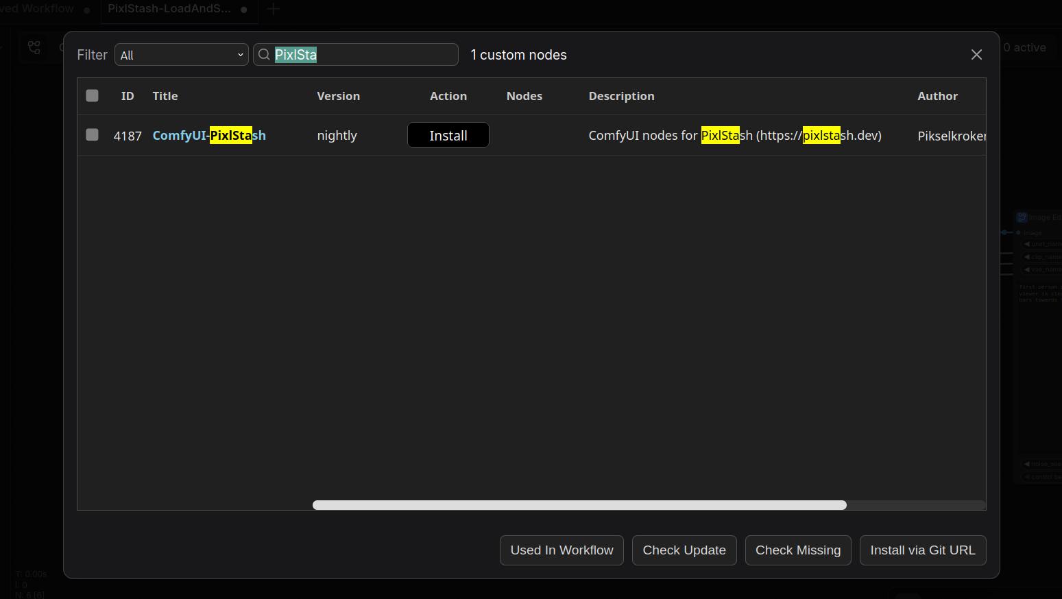 Installing ComfyUI-PixlStash from the ComfyUI Manager custom-nodes browser