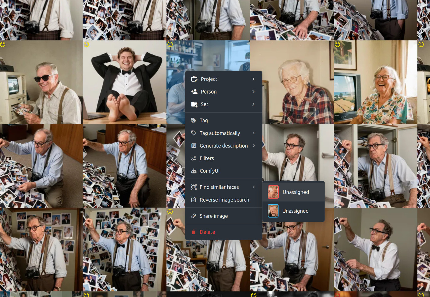 PixlStash context menu with reverse image search and find similar faces