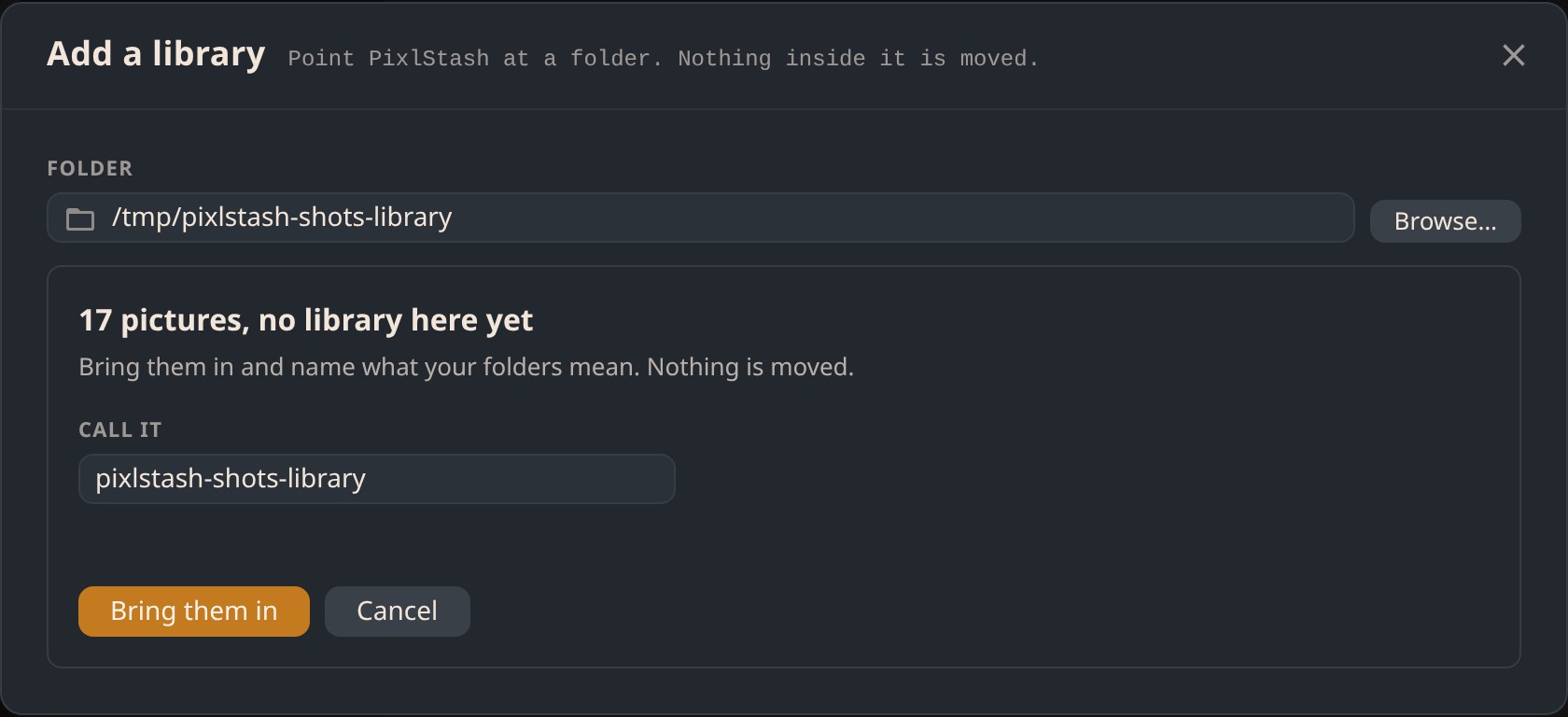 The Add a library dialog with a folder picked, PixlStash reporting what that folder is and what adding it would mean