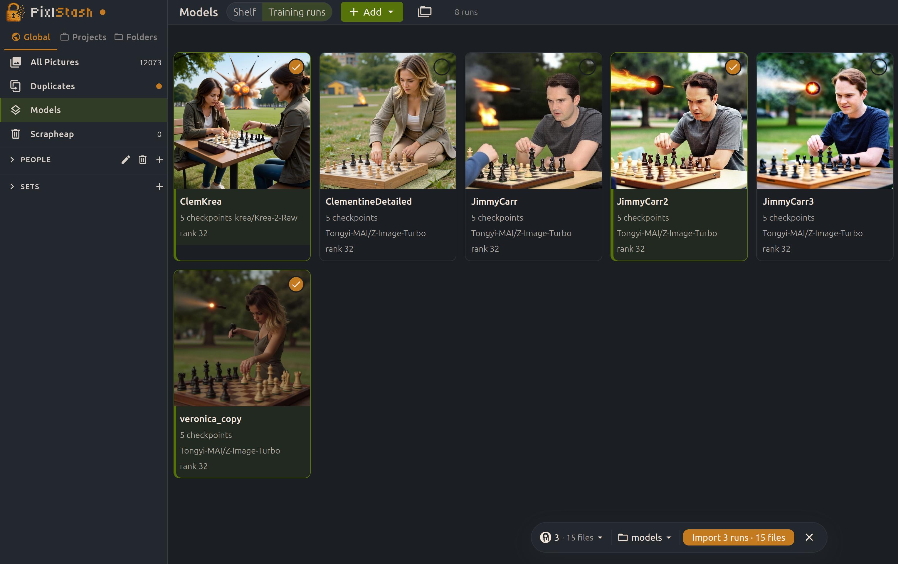 The PixlStash Training runs view with three discovered ai-toolkit runs selected for import