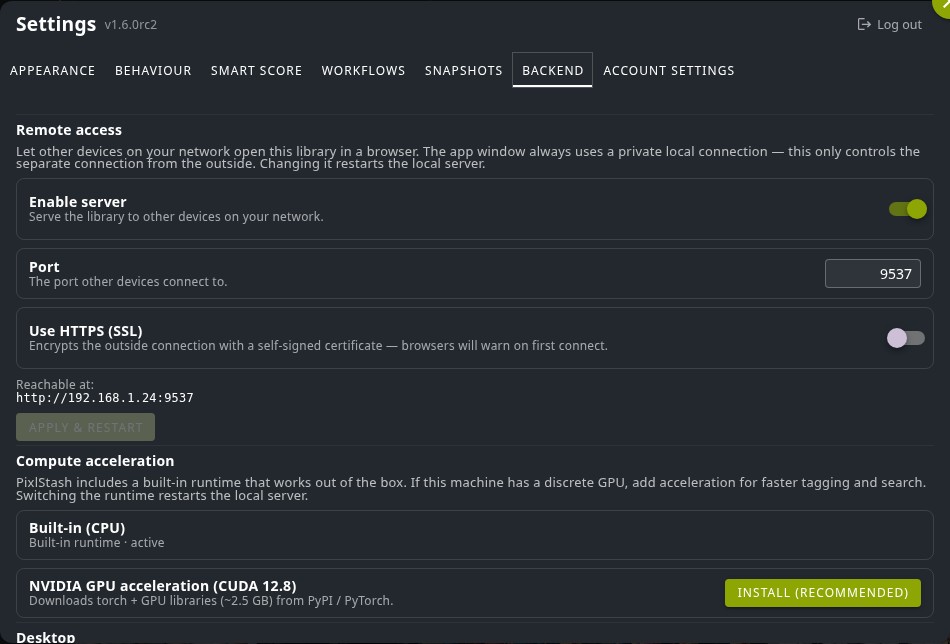 PixlStash desktop Backend settings: compute acceleration and remote access