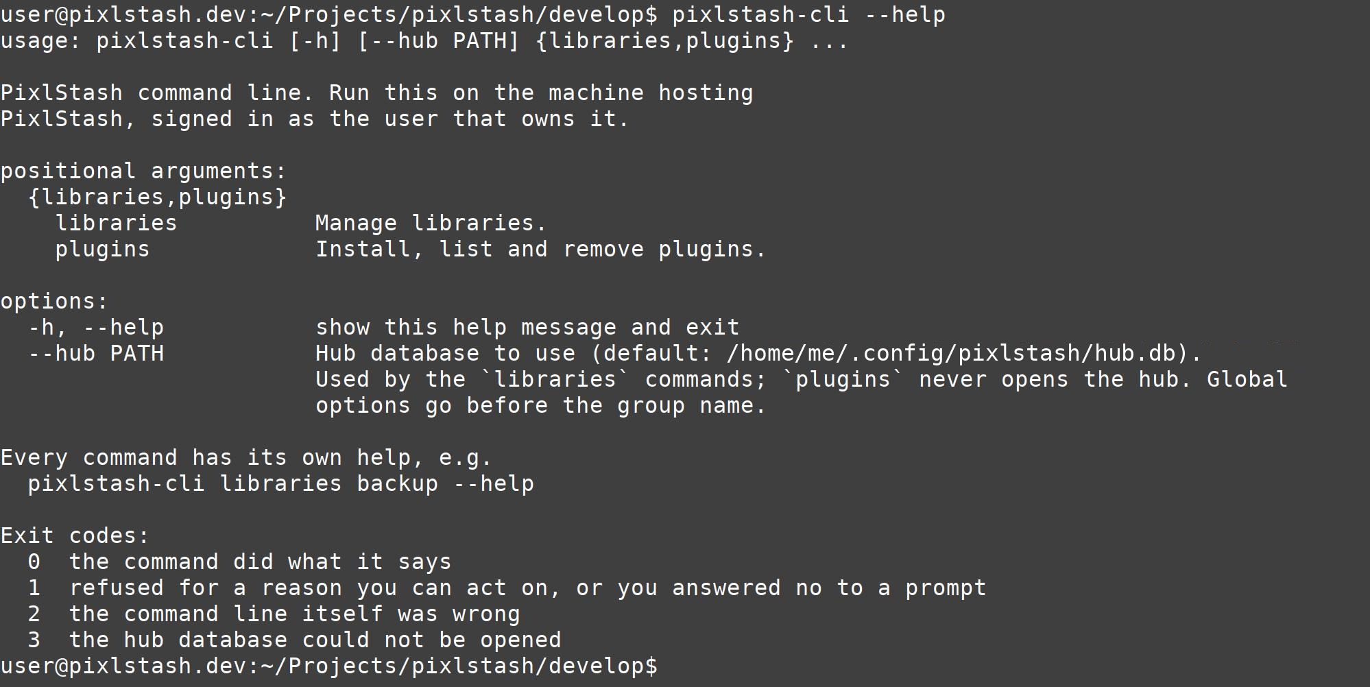 pixlstash-cli --help in a terminal, listing the libraries and plugins command groups and the exit codes