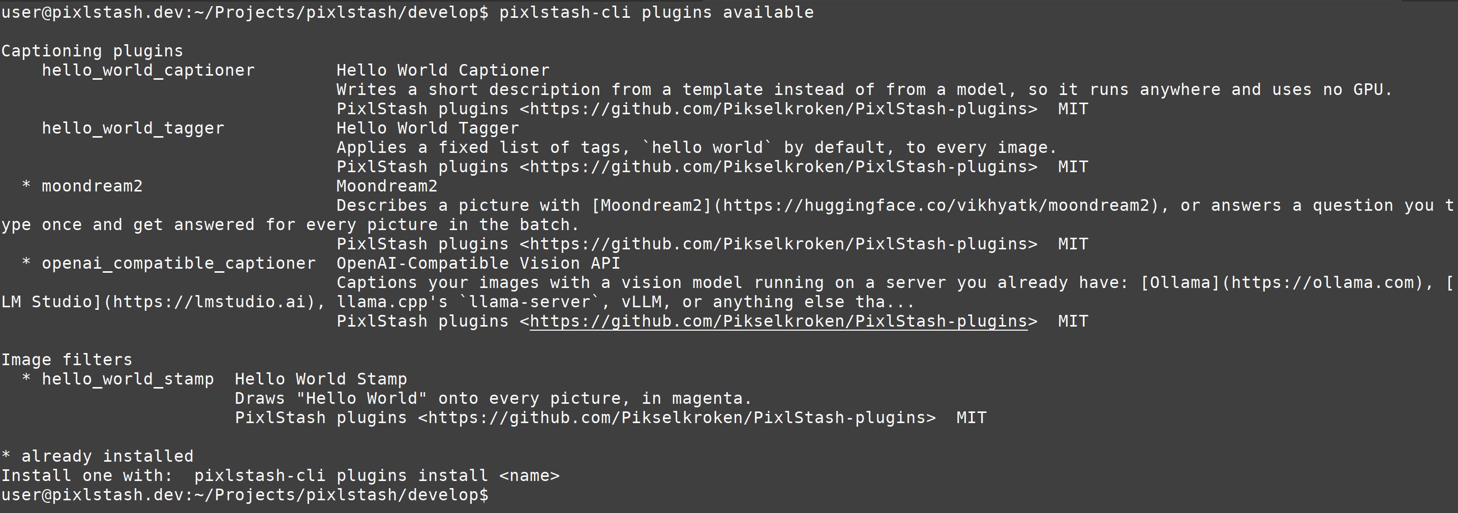 pixlstash-cli plugins available listing the published captioning plugins and image filters with their licences