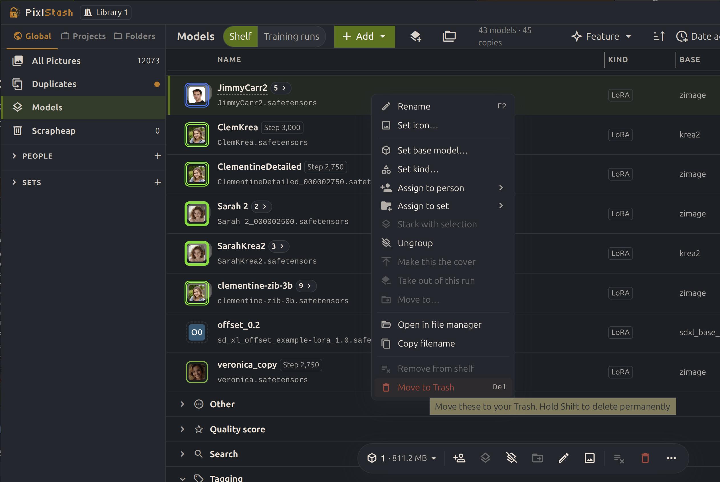 The PixlStash model shelf's right-click menu with Move to Trash highlighted and a tooltip explaining Shift deletes permanently
