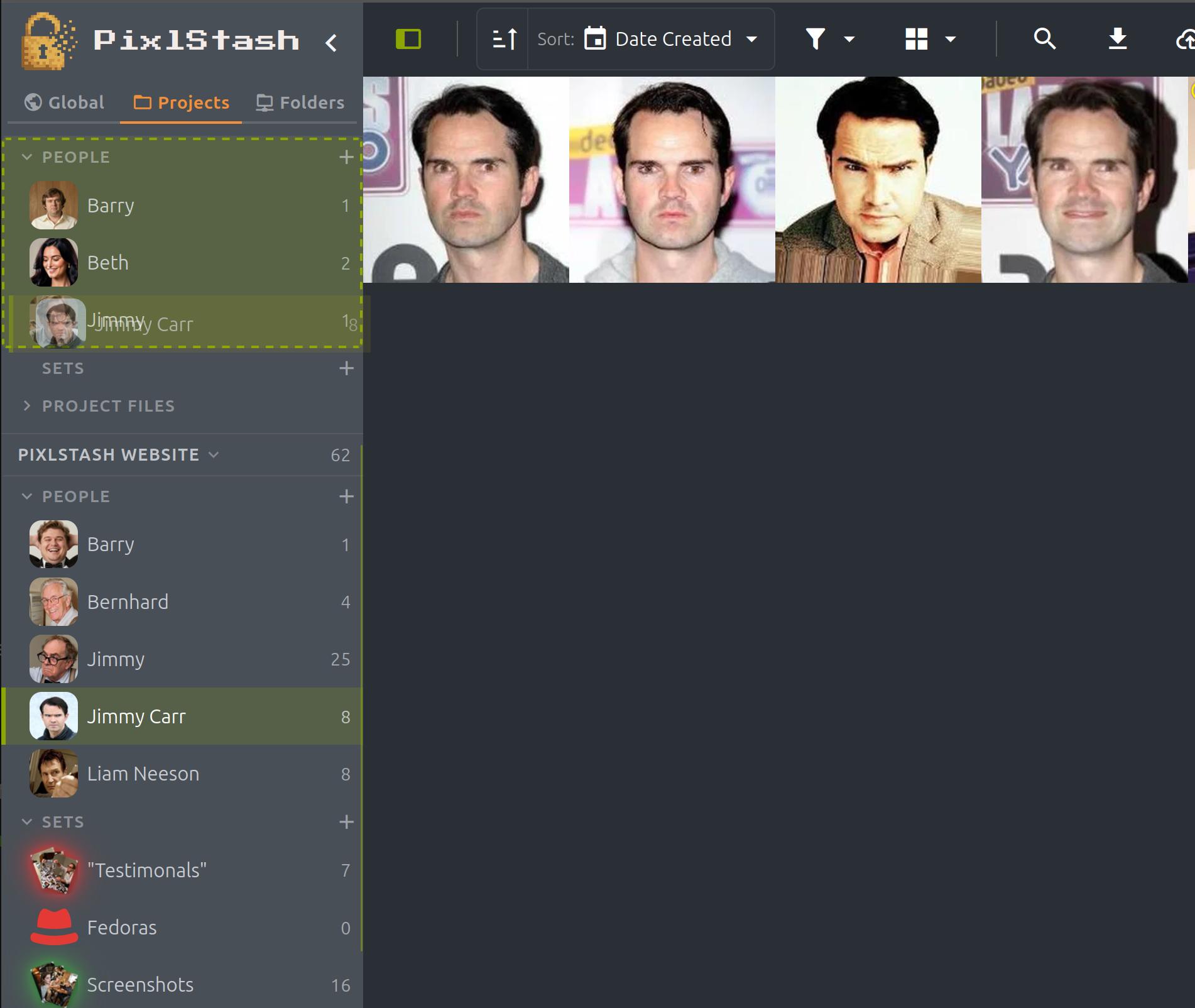 Dragging a character onto a different project in the PixlStash sidebar