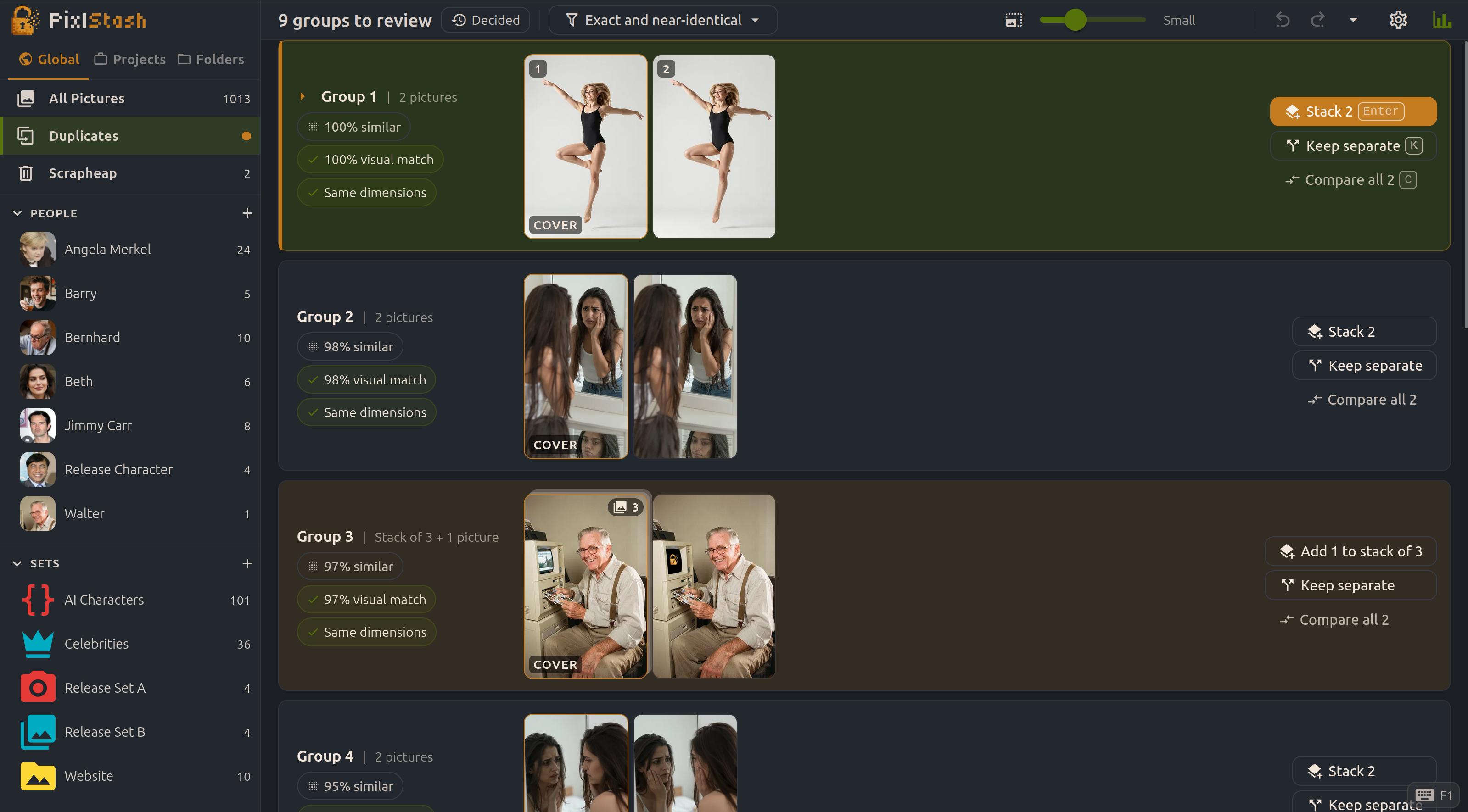 PixlStash Duplicates view with likely copies grouped for review