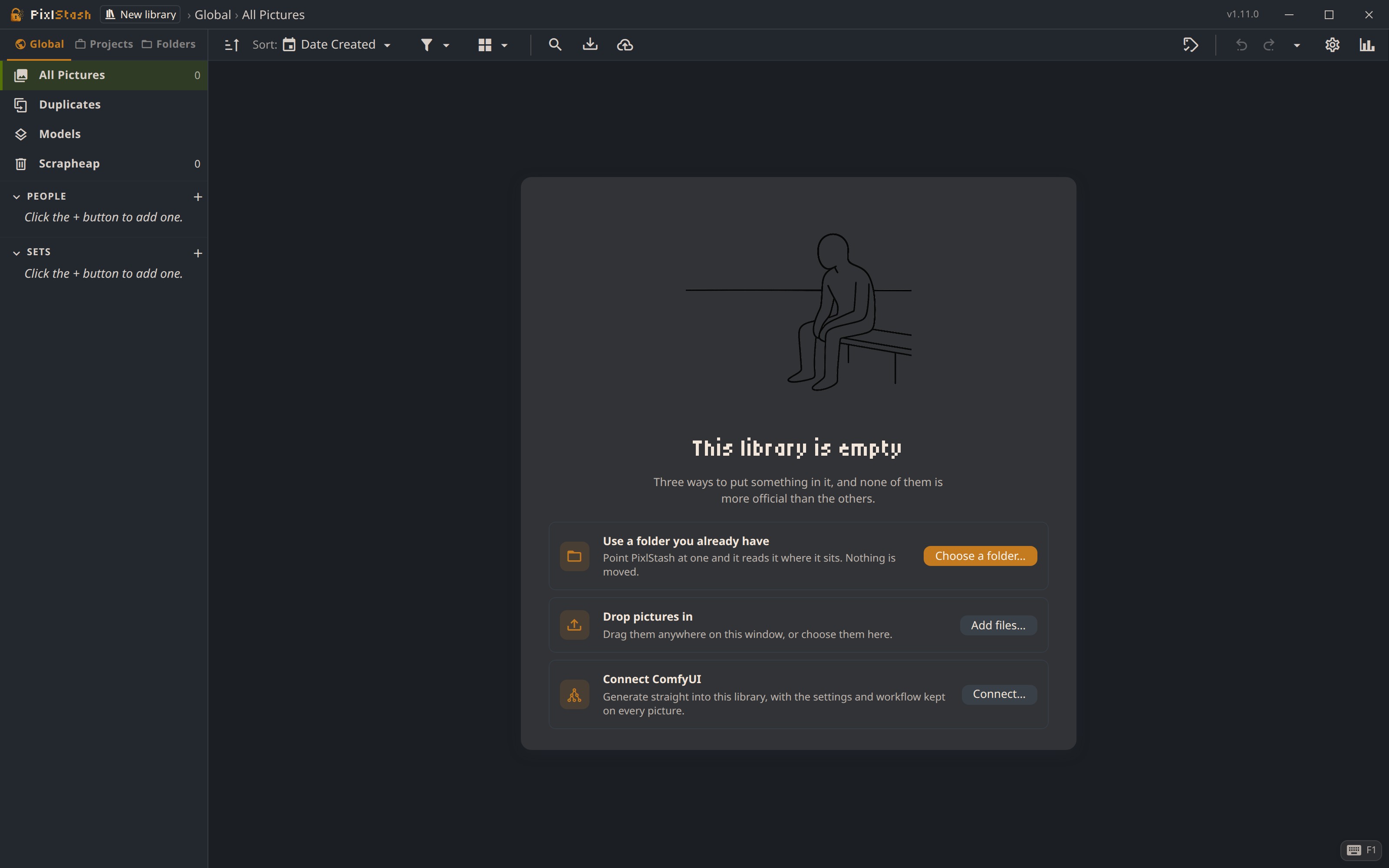 The first screen of a new library, offering a folder you already have, dropping pictures in, or connecting ComfyUI