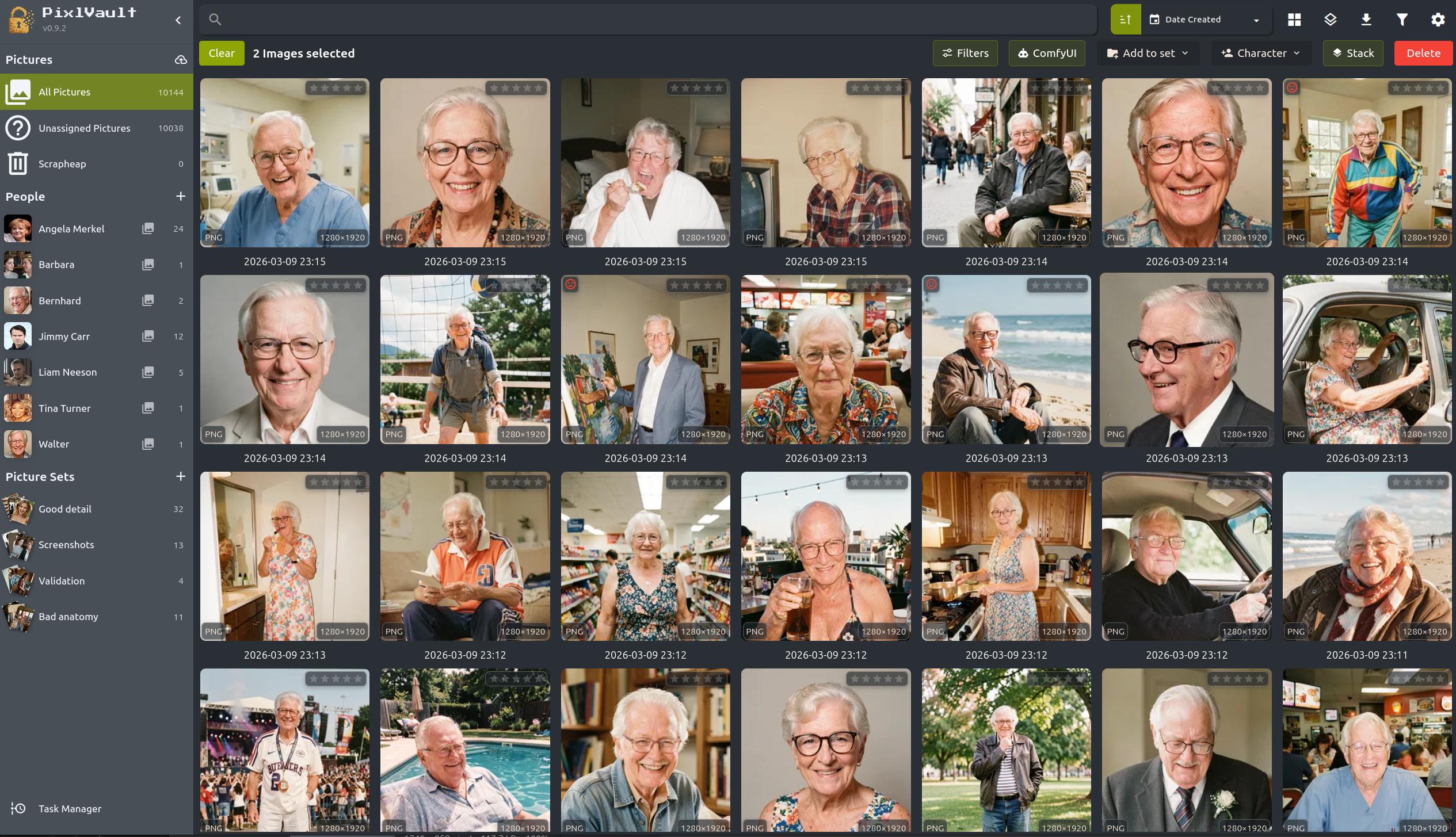 PixlStash grid in dark mode with smart scoring