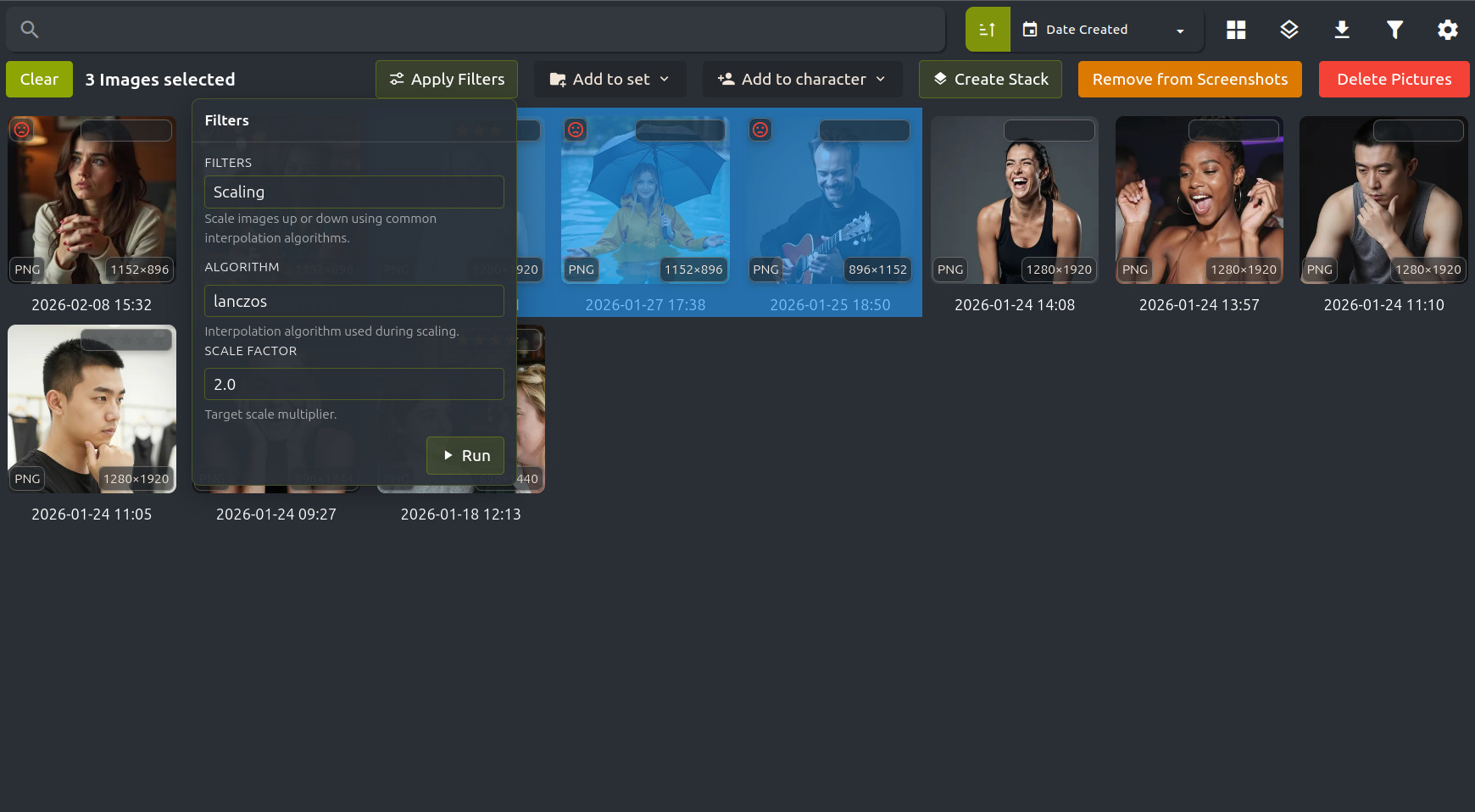 PixlStash grid selection with set and character actions