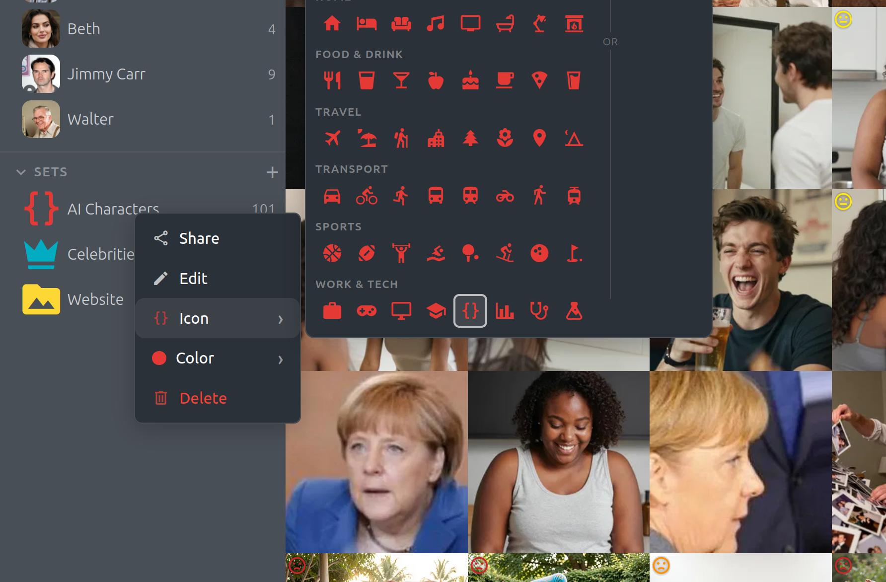 Coloured icon picker for picture sets in PixlStash