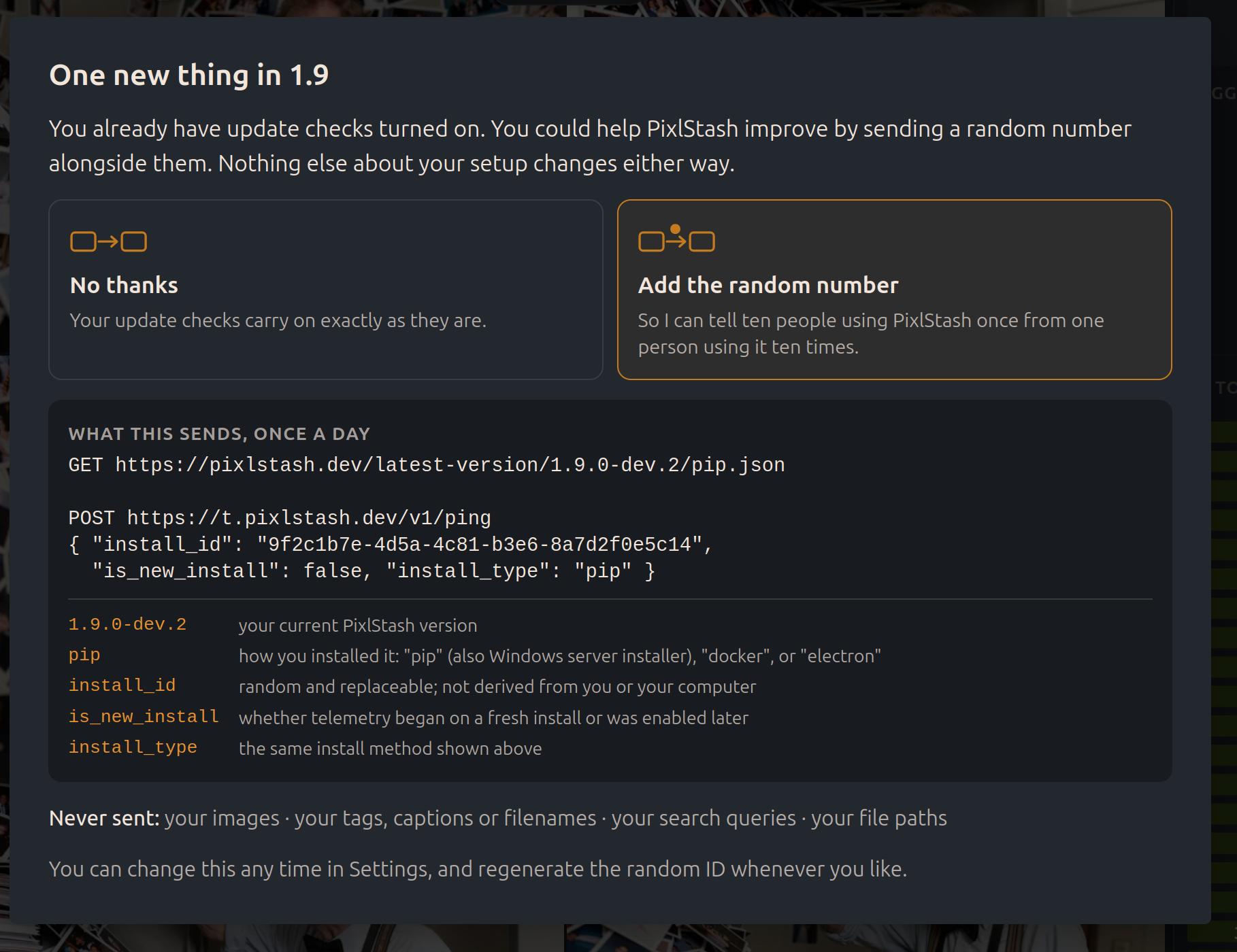 PixlStash upgrade dialog explaining the optional anonymous install ID and offering No thanks or Add the random number