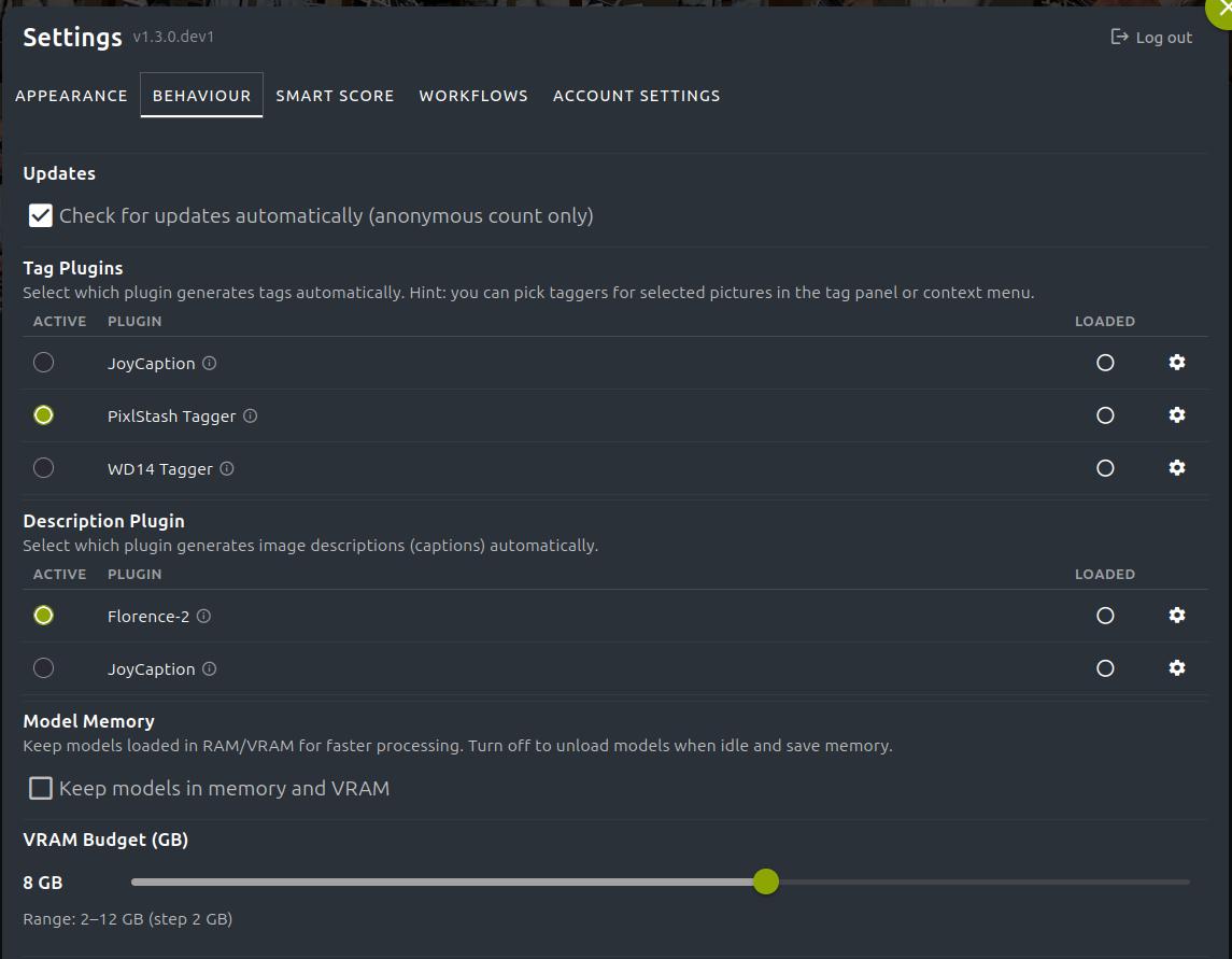 Tagger and description plugin settings in PixlStash 1.3