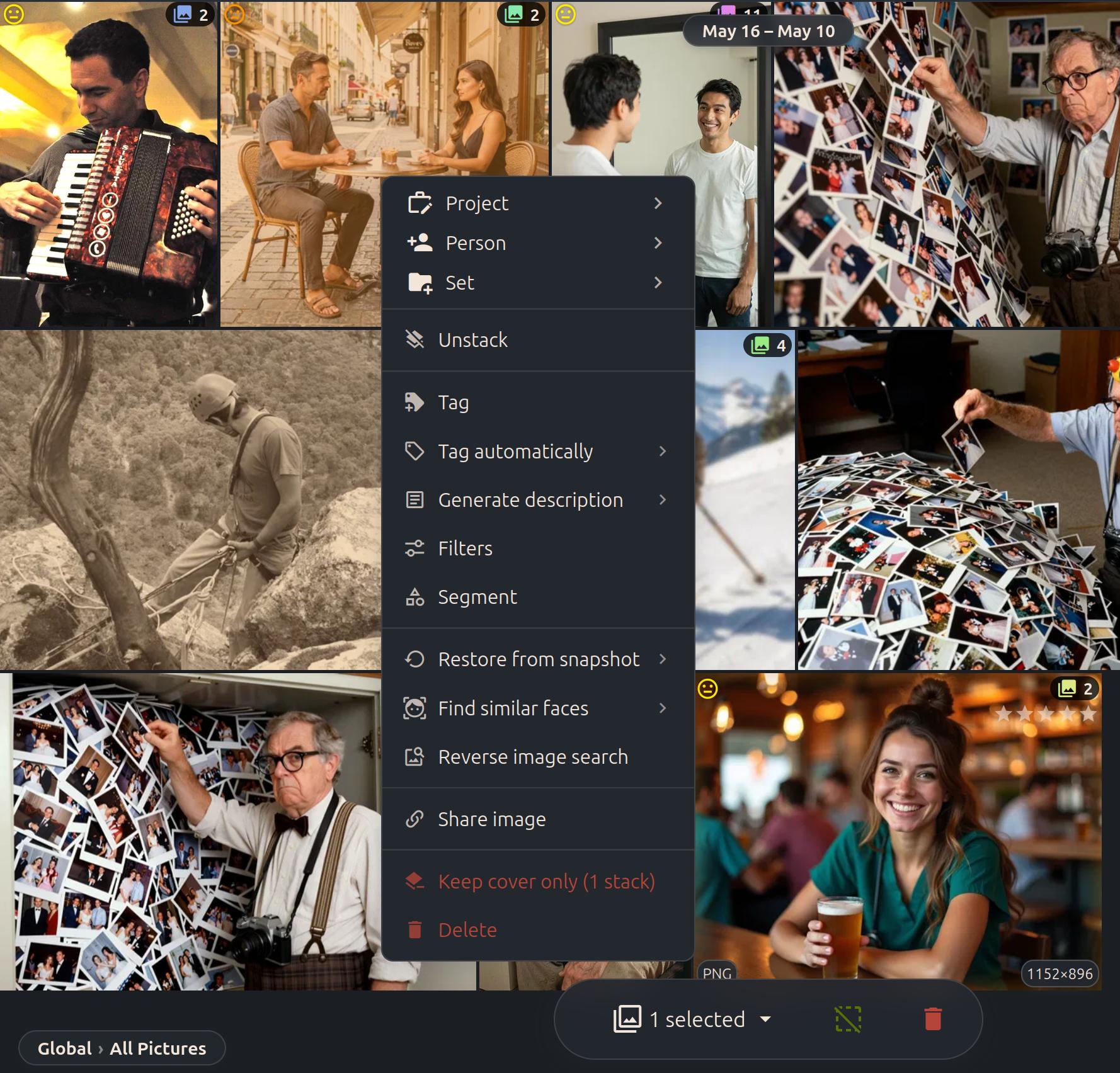 PixlStash picture menu with Keep cover only available for a selected stack