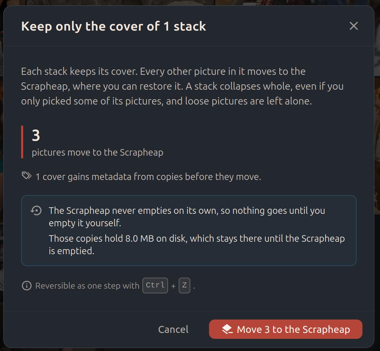 Keep cover only preview showing three pictures moving to the recoverable Scrapheap in one undoable step
