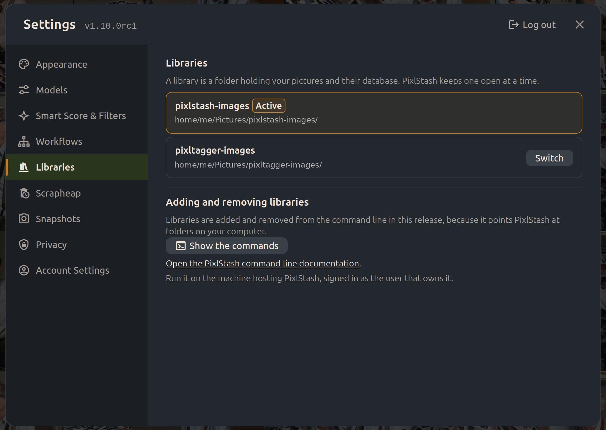 PixlStash Settings with two registered picture libraries and the active one marked