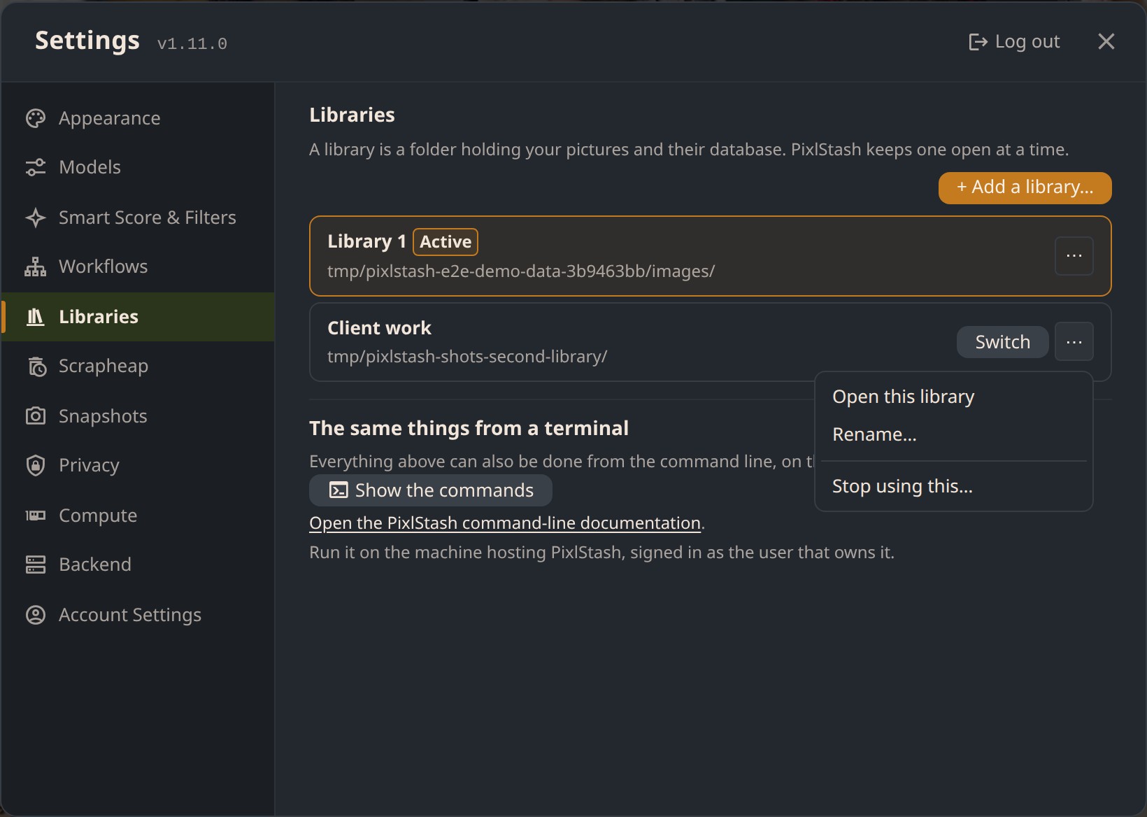 Settings with several libraries listed and one row's menu open, offering switch, rename and stop using