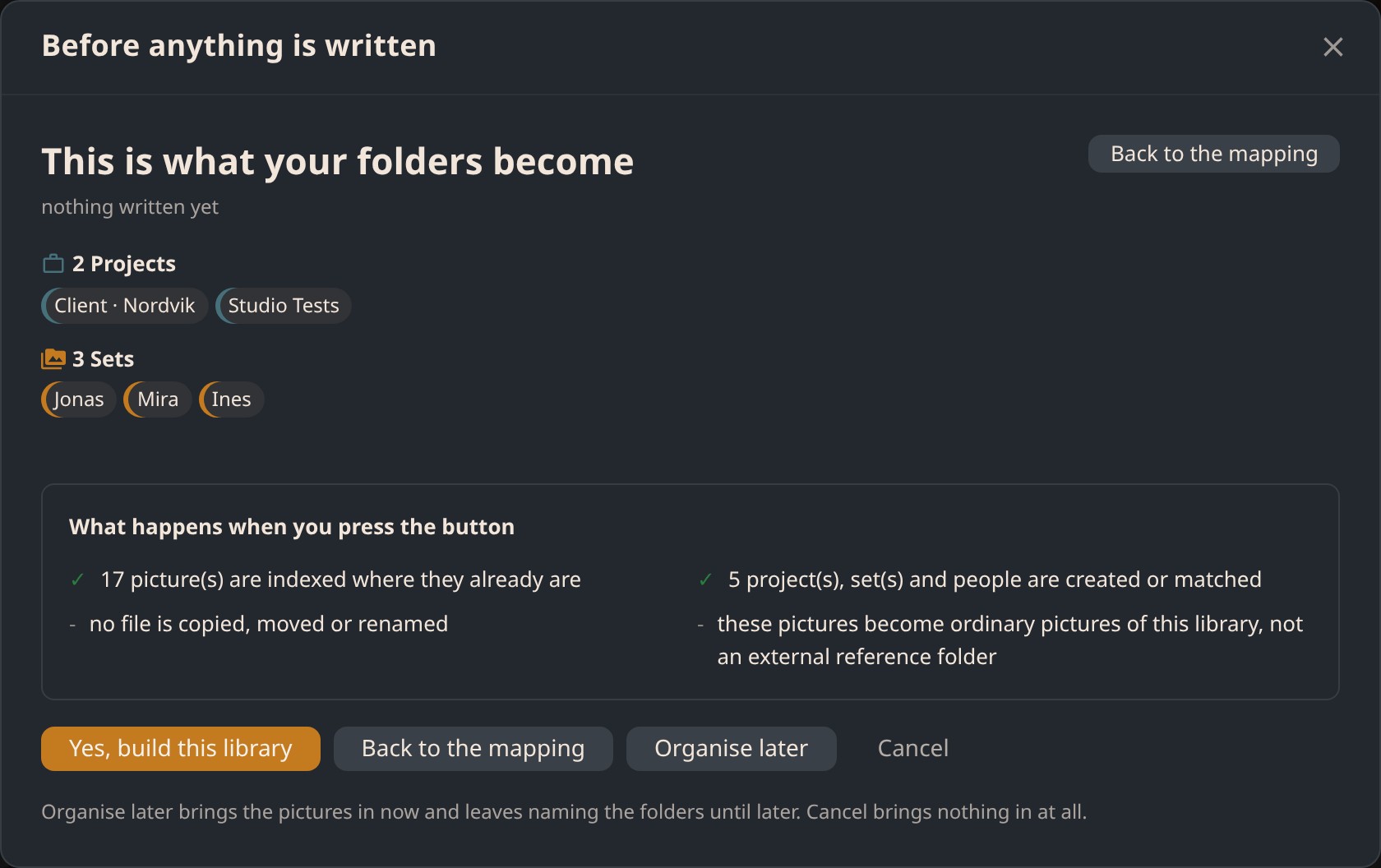 The review screen listing the projects, sets and people the folders will become, above a summary of what pressing the button does