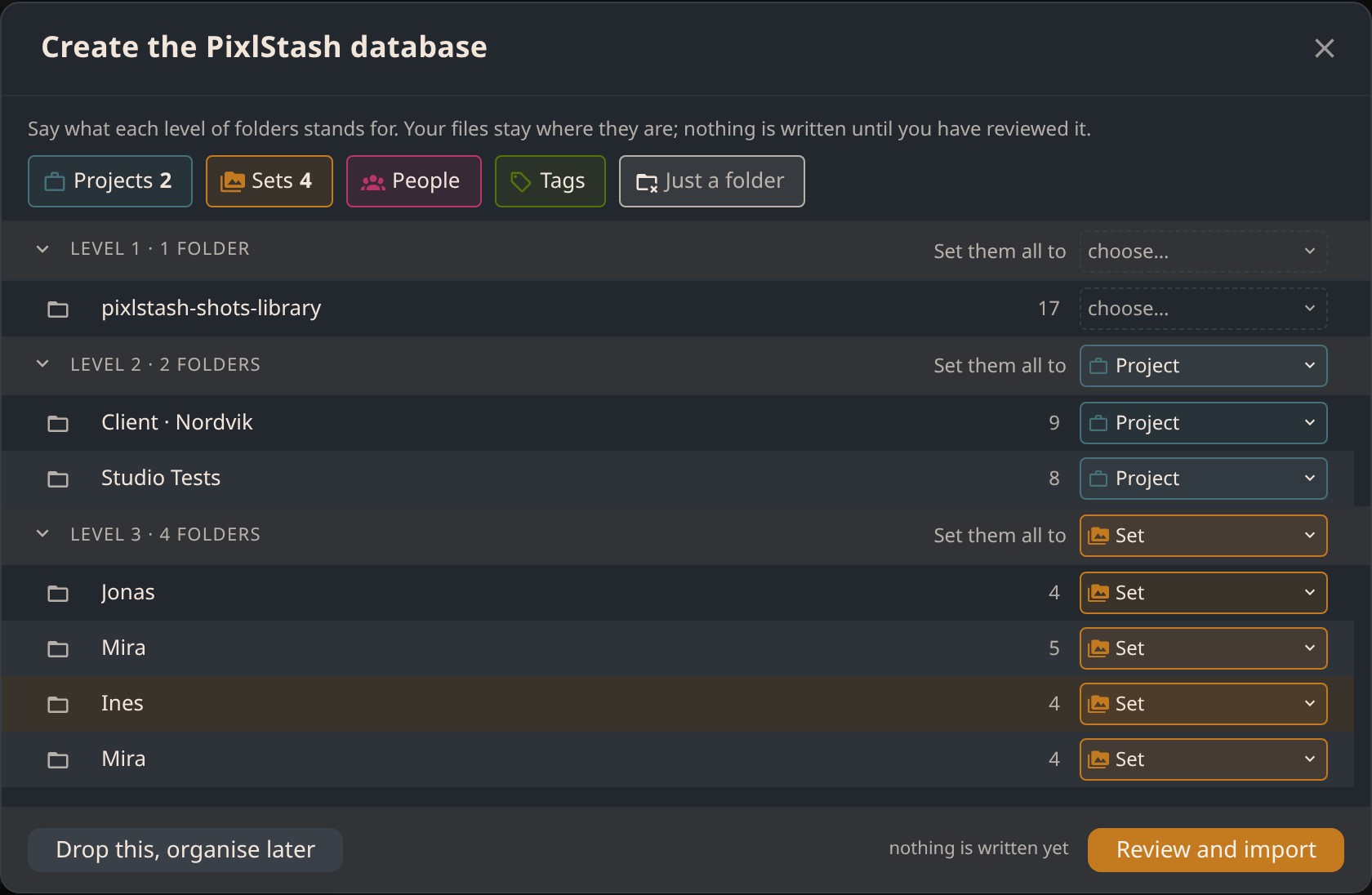 PixlStash reading a folder of pictures, with each folder level labelled as a project, a person or a set