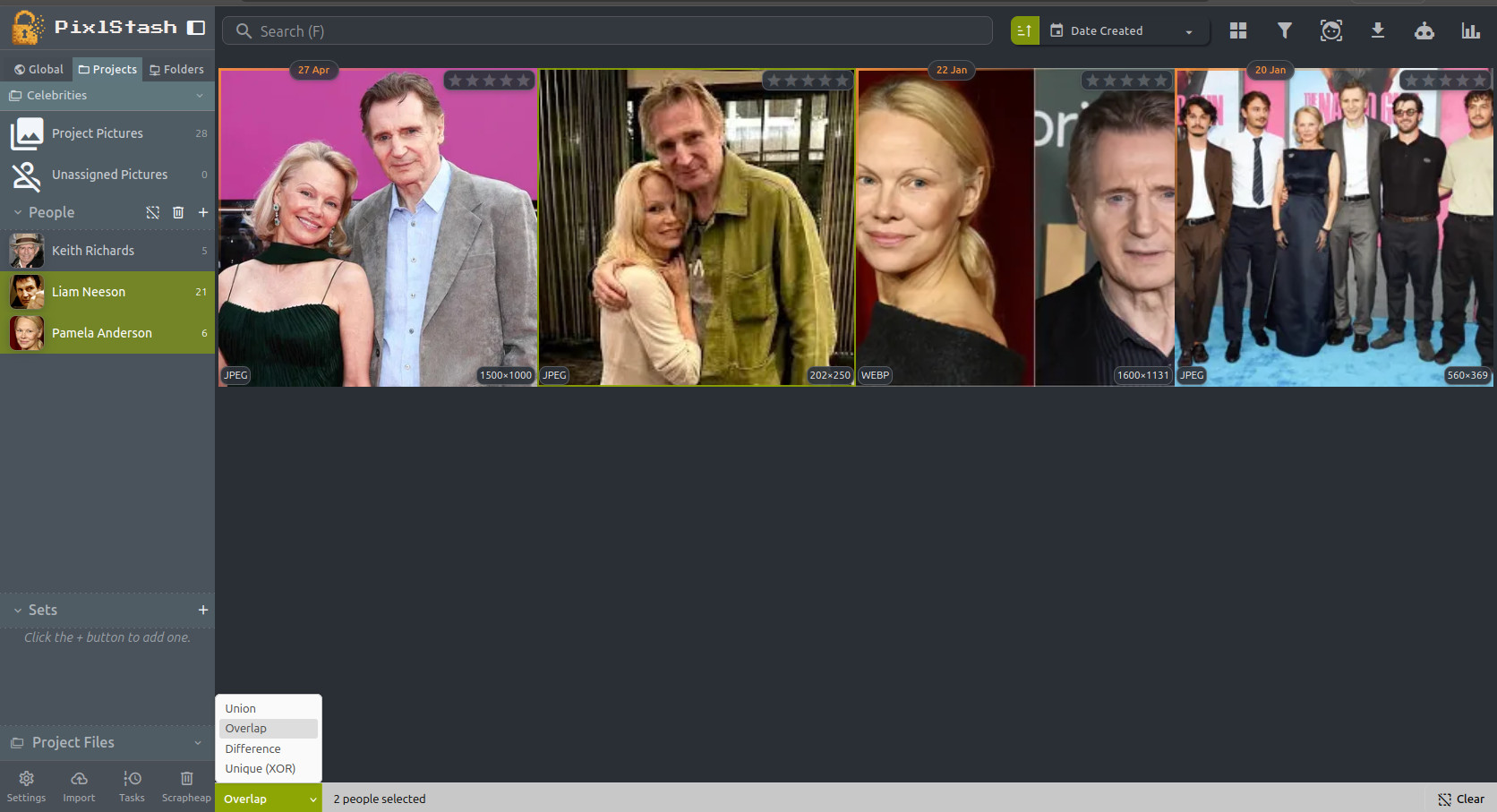 Multi-select with Overlap mode showing pictures containing both selected people