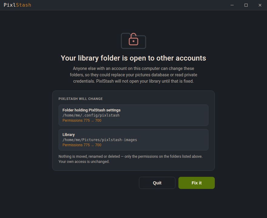 The PixlStash start-up screen listing library folders whose permissions are open to other accounts, with Quit and Fix it