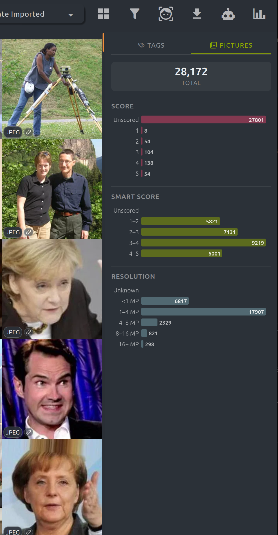 Picture statistics including image size and score distribution