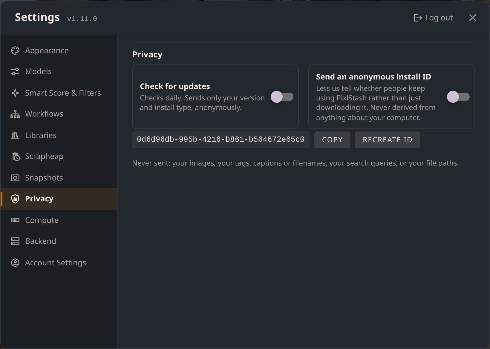 PixlStash Privacy settings with independent controls for update checks and anonymous install telemetry