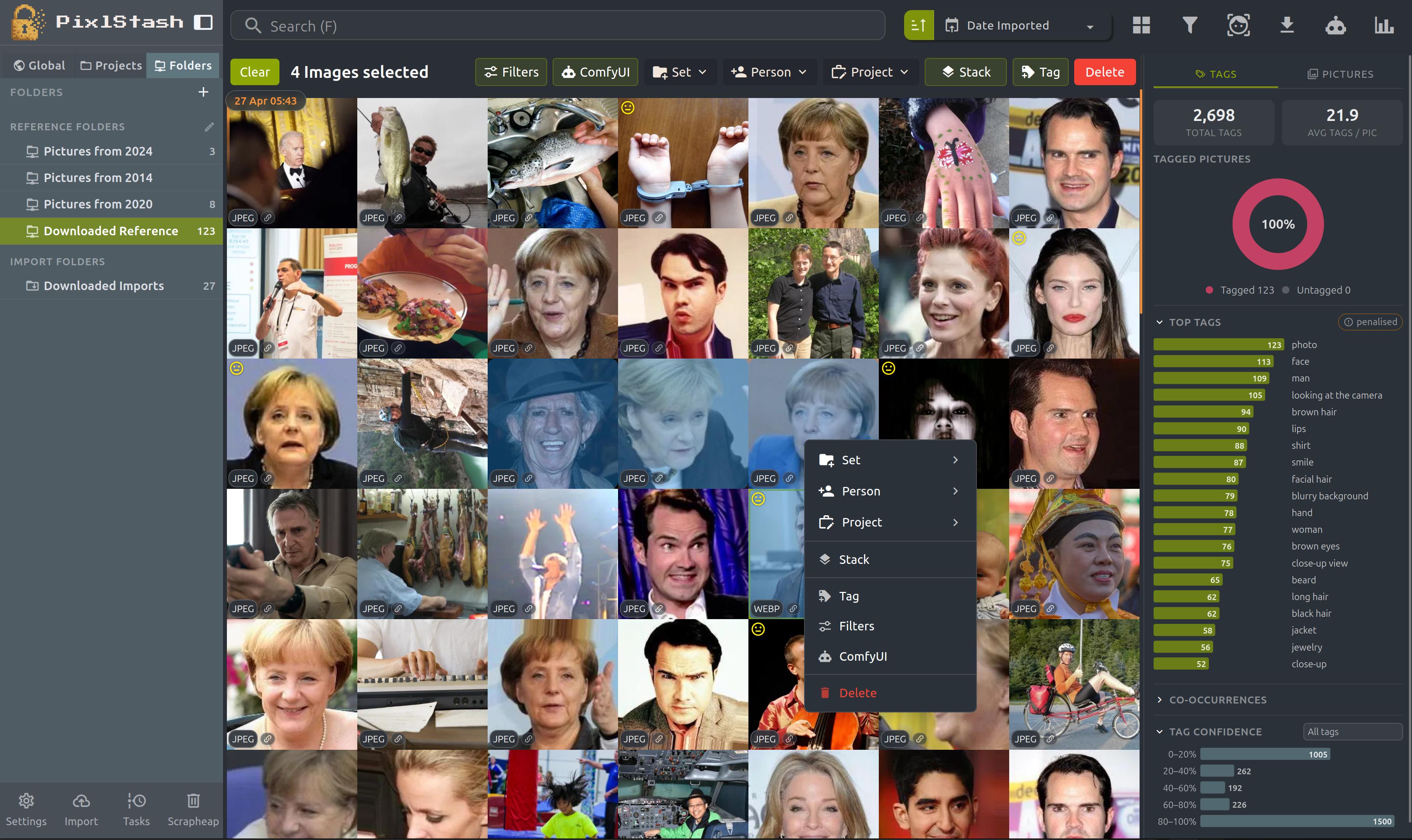 Reference folders, context menu, and statistics sidebar in PixlStash