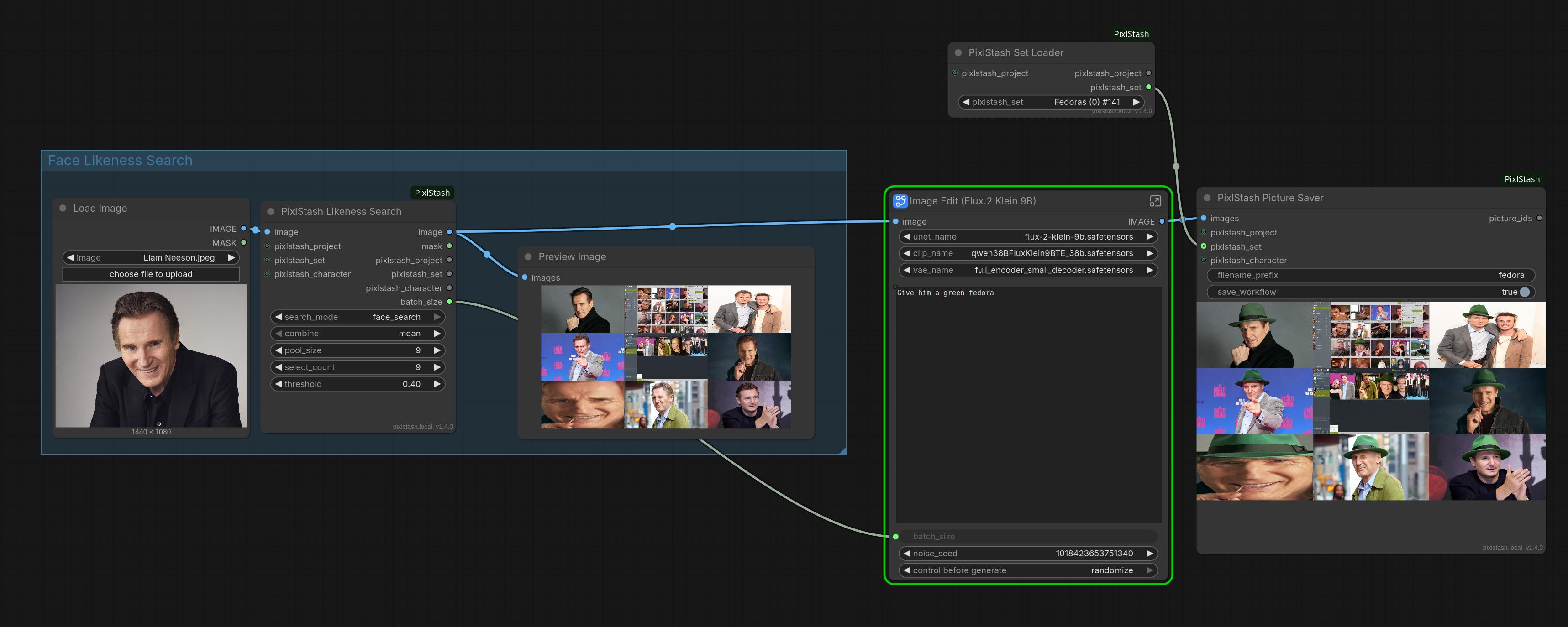 Face likeness search feeding a ComfyUI image-edit pipeline, end to end