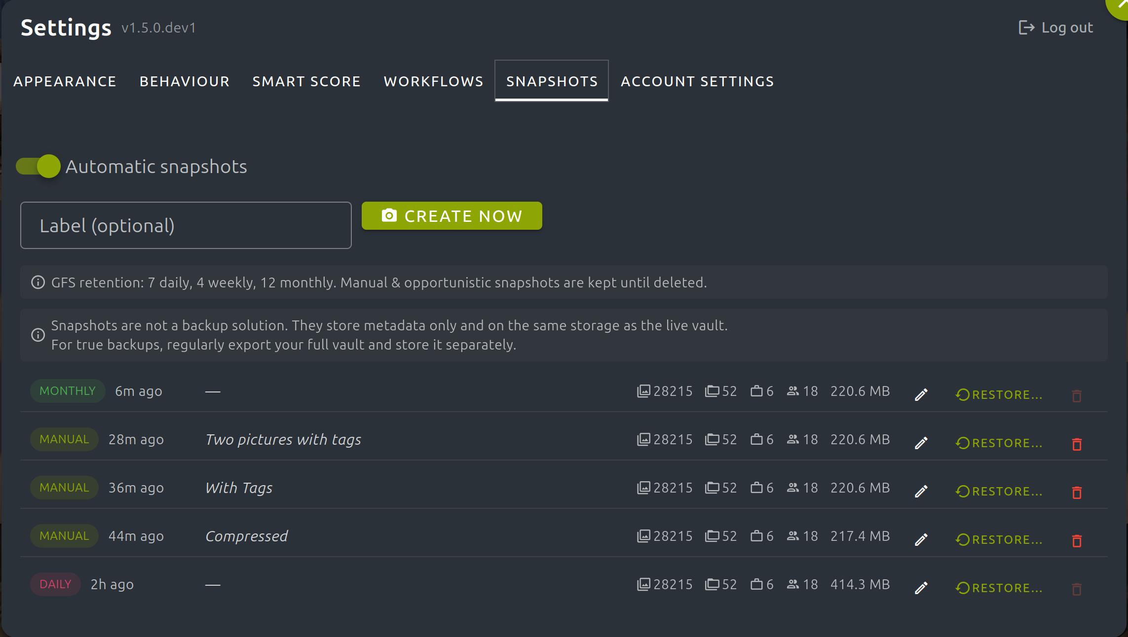 PixlStash 1.5: snapshots and metadata restore