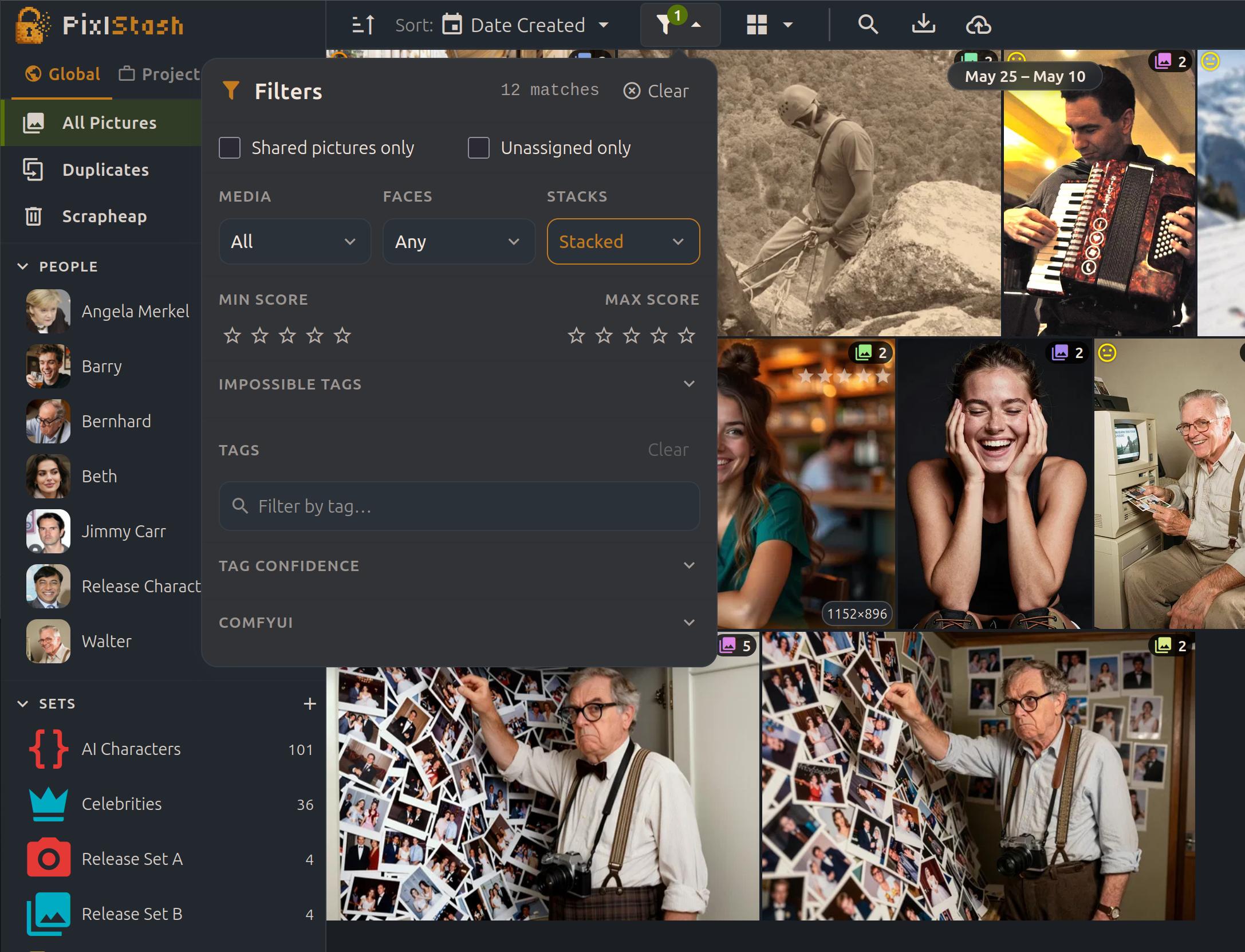 PixlStash grid filtered to show stacked pictures