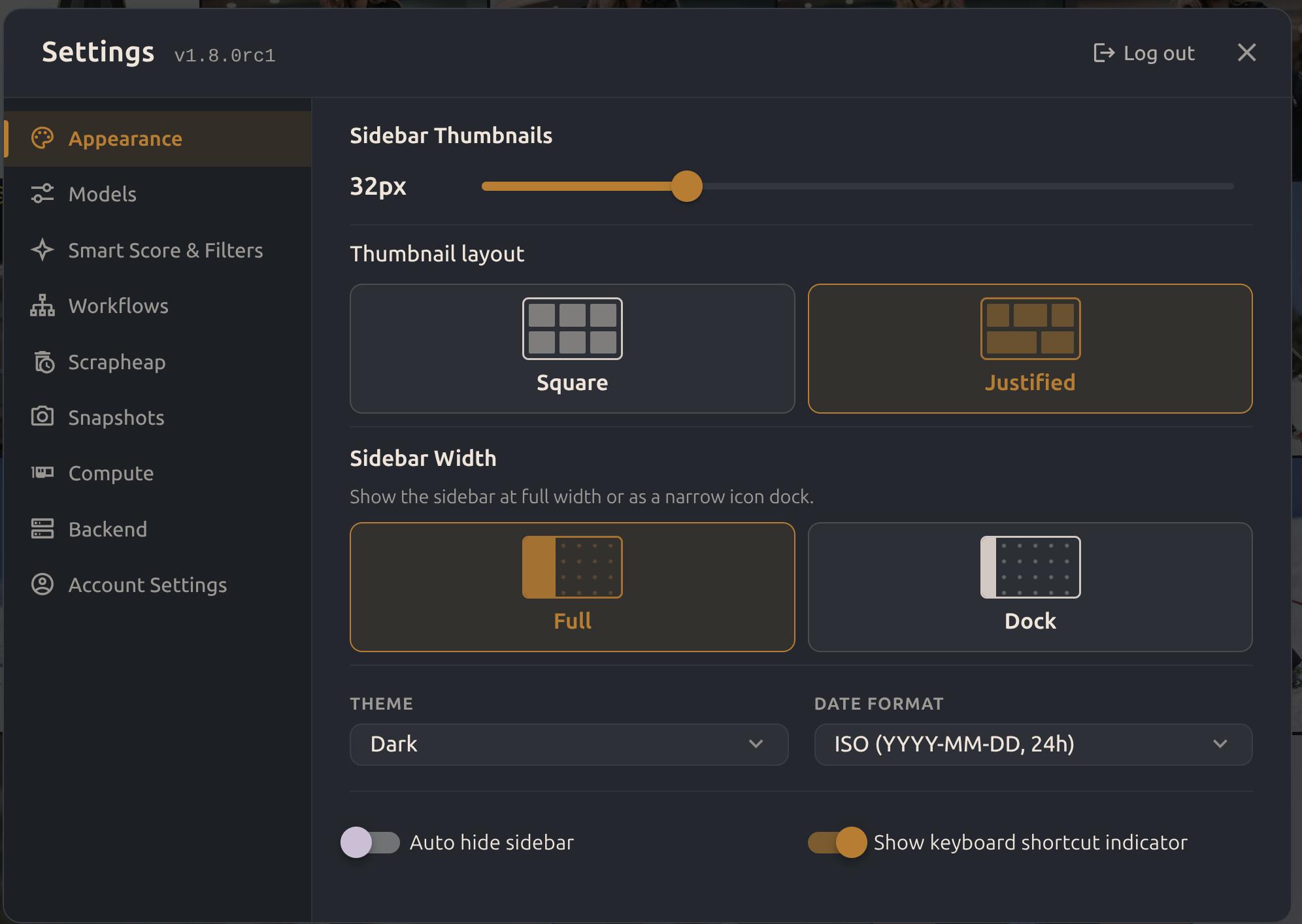 The PixlStash Appearance settings with a Square and Justified thumbnail layout picker