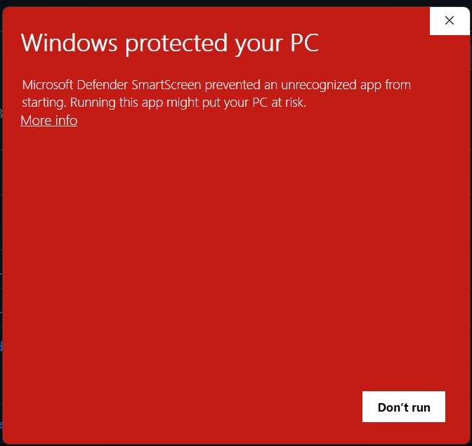 The Windows protected your PC dialog as it first appears, with a More info link