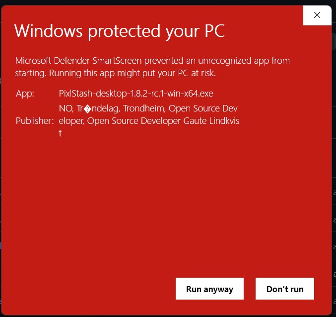 The expanded dialog showing the app filename and the publisher, with a Run anyway button