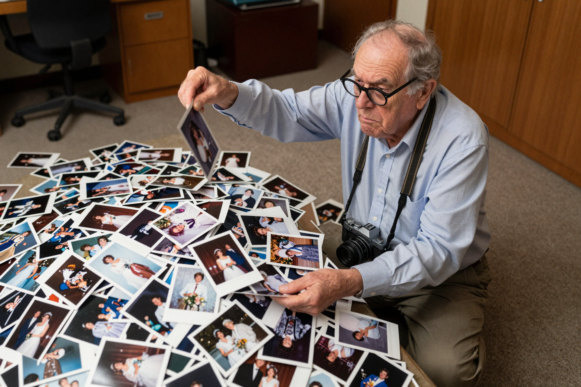Grumpy boomer searching a huge pile of photos