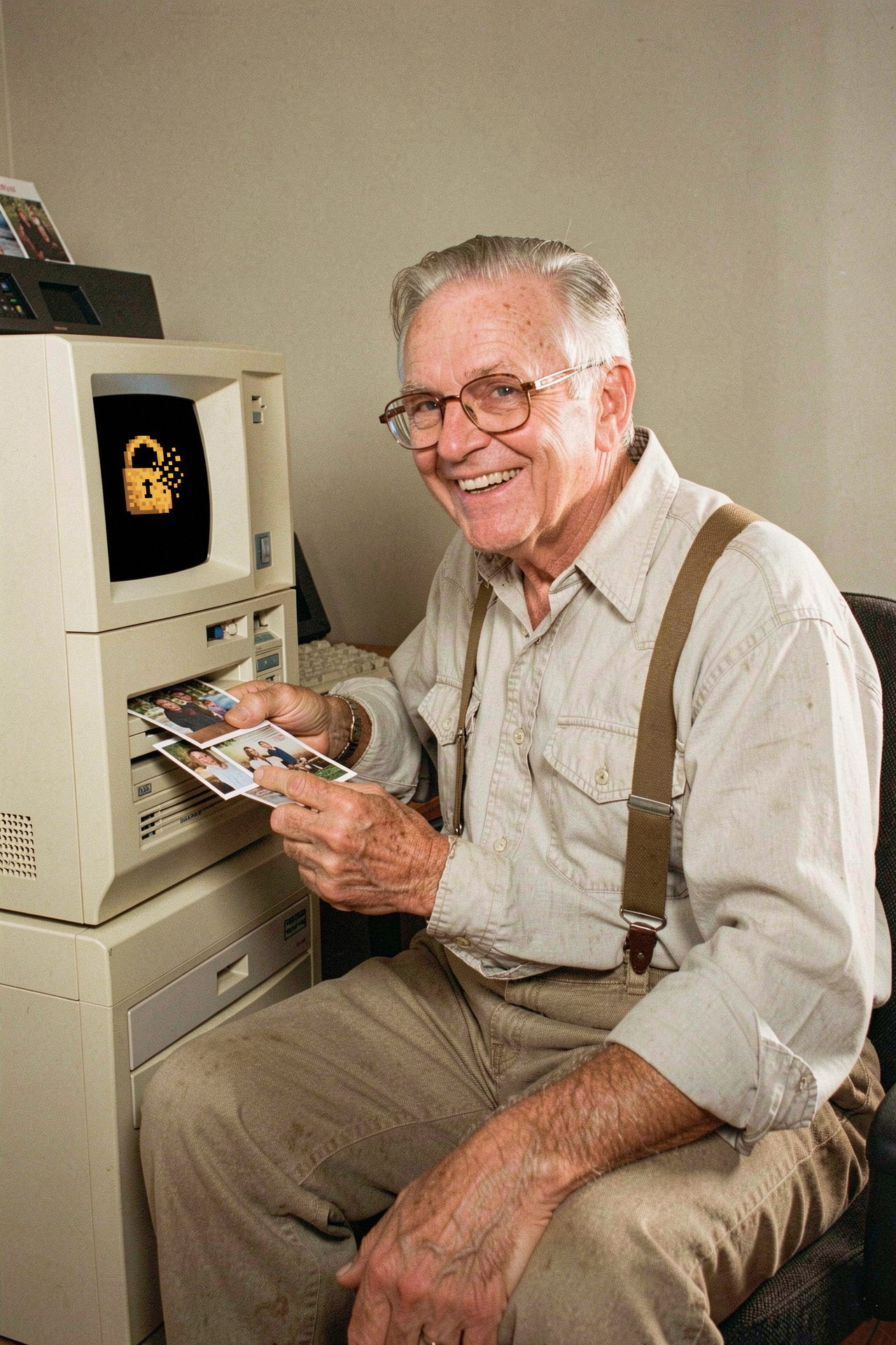 Cheerful boomer with three arms feeding photos into a computer